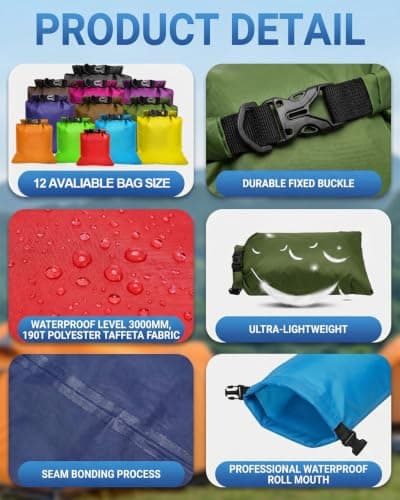 MOXTOYU 12 Pack Dry Bags Waterproof, Dry Bag Set with Organiser Storage Bags for Camping Hiking Fishing Cycling Outdoor Travel Dry Sack — view 3