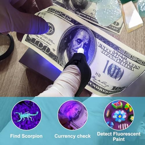 UV LED Keychain Flashlight, 395nm Blacklight Money Detector, Mini UV Torch for Counterfeit Note Verification, Portable Keyring Flashlight for Banknote, Hotel Cleanliness, Pet Stains (Black, 5 Pcs) — view 5