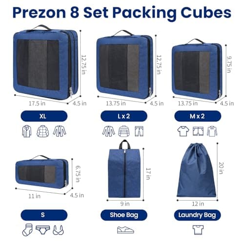 Prezon 8 Set Compression Packing Cubes for Suitcases, Full Open & Visible Design, Luggage Organizer Bags Set for Carry on, Travel Essentials Travel Gifts for Women with Laundry Bag and Shoe bag — view 3