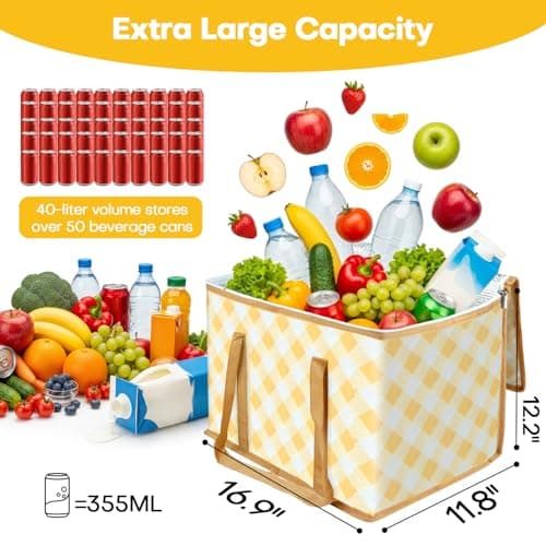 Beautyshow Cool Bag, 40L Large Insulated Bag, Reusable Grocery Shopping Bags with Classic Gingham Design, Foldable Thermal Food Delivery Bags Soft Cooler for Picnic, BBQ, Camping, Beach, Travel, Auto — view 2