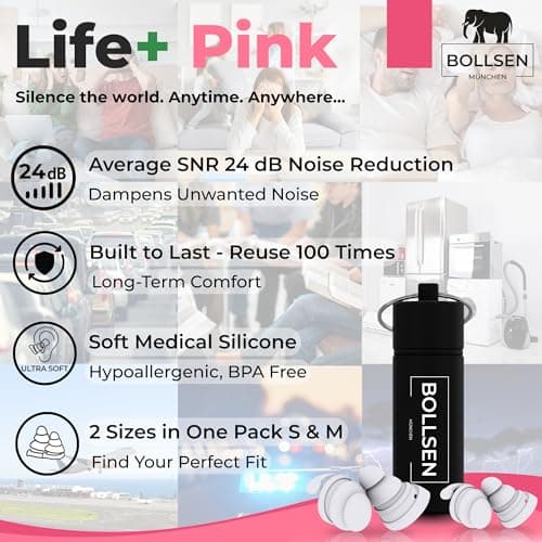 BOLLSEN Life+ Pink Edition Earplugs for Sleeping – Silicone Noise Cancelling Ear Plugs with 2 Sizes (S & M) – 24 dB SNR Noise Damping – Comfortable for Day & Night Wear – Durable & Reusable 100x (1) — view 4