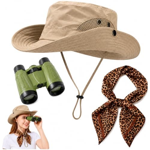 suction 3PCS Explorer Outfit, Retro Safari Style Attire with Leopard & Zebra Pattern, Practical Party Wear Equipped with Binoculars and Khaki Hat