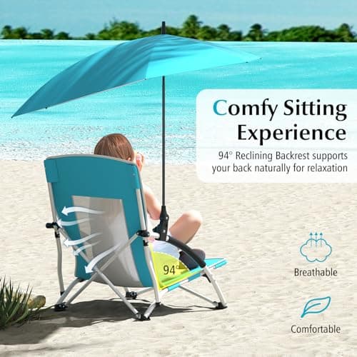TANGZON Portable Beach Chair, Low Folding Camping Chair with Adjustable & Detachable Umbrella, Umbrella Clamp, Padded Armrests & Carry Bag, Lightweight Outdoor Seat for Picnic Fishing (1, Blue) — view 6