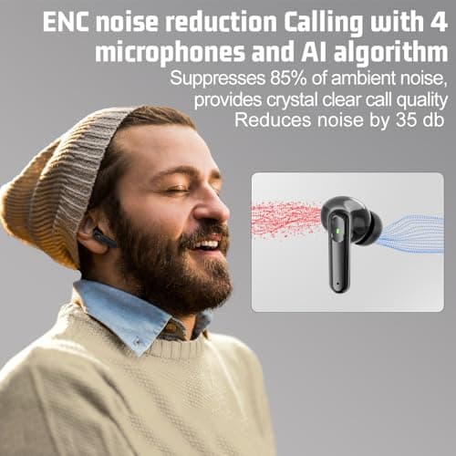 JBMI Wireless Earbuds Bluetooth Earphones, 60H Deep Bass Ear Buds with 4 Noise Cancelling Microphone, IPX5 Waterproof in Ear Headphones for iPhone Android Sports Gaming Usb C (Obsidian) — view 2