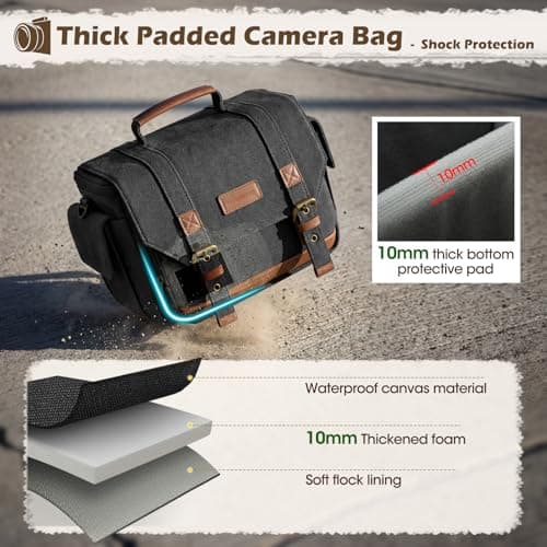 RAINSMORE Vintage Camera Sling Bag, Waterproof Canvas DSLR Mirrorless Crossbody Bag with 10mm Shockproof Padding, Rain Cover & Tripod Holder, Photography Shoulder Messenger Bag for Men Women Black — view 2