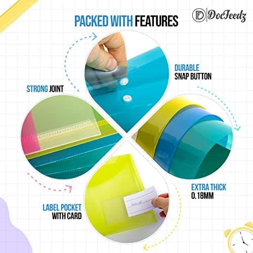 DocFeedz Plastic Wallets A4-10 Pack Waterproof Plastic Folders for Documents 33.2 x 23.4 cm - 5 Assorted Colours Popper Wallet A4 with Snap Button and Label for Home, Office, School and Travel — view 3