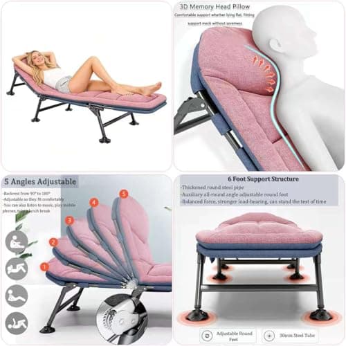 Foldable Sun Lounger, Garden Sun Loungers, 6-way Adjustable Camping Bed, Folding Sunbed with Pillow and Mattress, Fishing Bed Chair Perfect for Camping, Indoor/Outdoor (190 x 65 x 30 cm) (1, Pink) — view 6