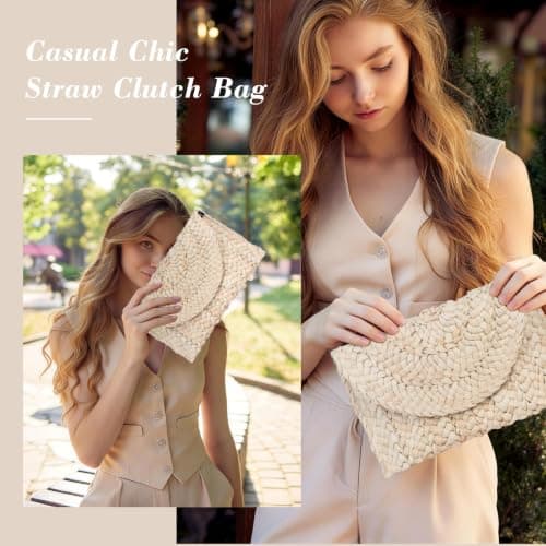 Paxory Straw Beach Clutch Bag for Women, Summer Boho Handmade Woven Beach Handbag, Casual Straw Clutch Bags for Summer Sandybeach Travel Holiday Vacation (Raw) — view 2