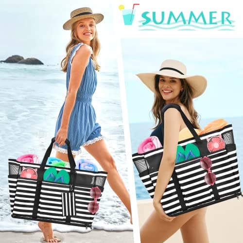 JUYANO Extra Large Beach Bag for Women with Zip Waterproof Beach Tote Bags with Wet Compartment Summer Tote Bag Family Large Shoulder Bag for Beach, Holiday, Shopping, Traveling — view 2