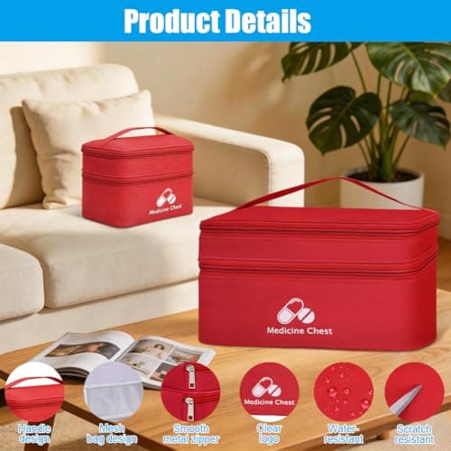 DiULi First Aid Kit Bags 2 Pack, Small & Medium Empty Medication Storage Bag Set, Waterproof Oxford Cloth Medicine Pouch with Dual Zippers, Tear-Resistant for Home Travel Hiking Camping, Bright Red — view 3