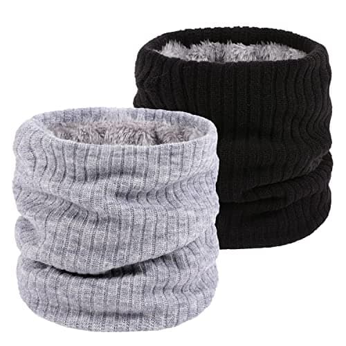 lifwimner 2 Pack Winter Neck Warmer Fleece Infinity Snood Scarf for Mens Women Thermal Knittted Neck Gaiter for Cycling Motorcycle Ski Sports(Black+LightGrey)