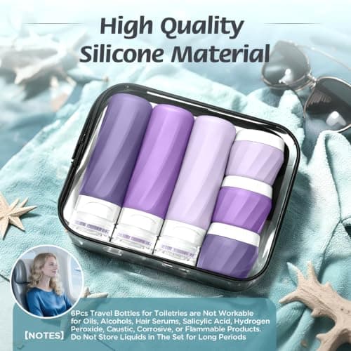 6Pcs Travel Bottles for Toiletries, TSA Approved Travel Size Toiletries Containers Set, BPA-FREE Silicone Leak Proof Refillable Bottles and Jars, Women & Men Airplane Cruise Essentials Kit (PURPLE) — view 6