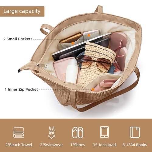KALIDI Straw Beach Bag for Women Straw Tote Bag with Zip Large Handbag Summer Holiday Bag — view 4