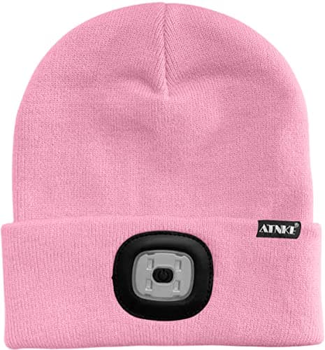 ATNKE LED Lighted Beanie Cap,USB Rechargeable 4 LED Red and Blue Glow Flashing Running Headlamp Hat Winter Warm Gifts for Men and Women/Pink — view 2