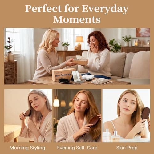 SilkAmor Boar Bristle & Nylon Mixed Hair Brush Set, Wooden Cushion Paddle for Gentle Detangling & Smoother-Looking Hair, Travel Kit with Cleaner, Mirror, Headband & Linen Pouch — view 6