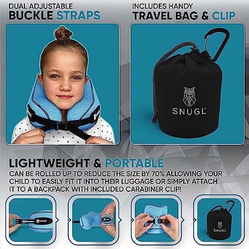 SNUGL Travel Pillow – Memory Foam Neck Pillow for Travel – Support Cushion for Airplane with Carry Bag & Clip - Holiday Essentials for Kids (Coral Blue - Kids) — view 4