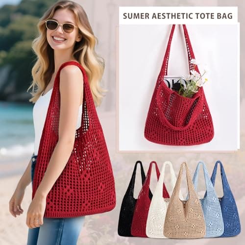 Sightor Crochet Tote Bag, Mesh Beach Bag Knit Summer Hobo Bag Vacation Boho Tote Bag for Women, Hollow Out Red, M, Boho — view 6