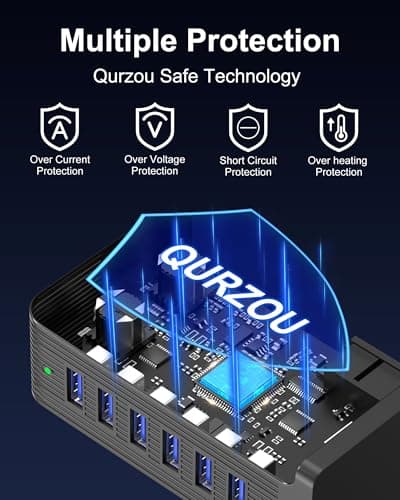 Qurzou 25W USB Charger, Multiport Mains Power Adaptor, USB Charging Station for iPhone, AirPods, iPad, Samsung Galaxy and More - Black (6 Ports) — view 5