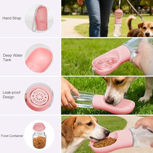 Dog Water Bottle 3in1 Portable Drink Bottle Bowl with Food Container Pink — view 6