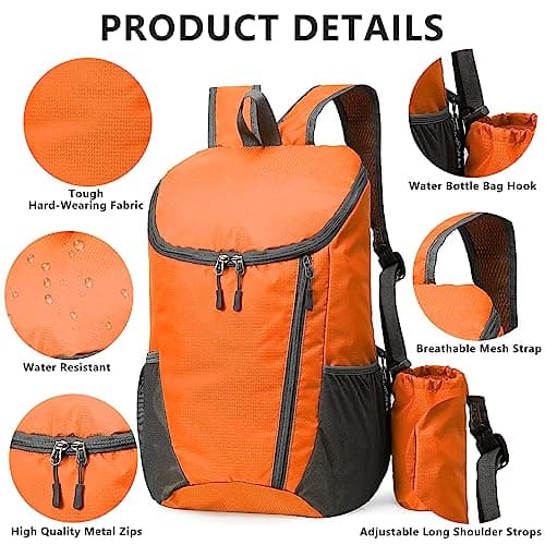 Yoolly Lightweight Foldable Backpack, Small Hiking Rucksack, Waterproof Packable Backpack for Men Women Kids, Durable Rucksack for Outdoor Sport Travelling Hiking Camping Biking Walking (Orange) — view 3