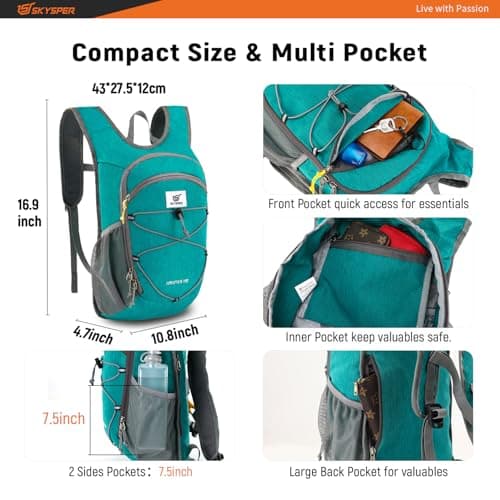 SKYSPER 15L Hiking Backpack Lightweight Foldable Daypack with Chest Strap Small Travel Rucksack for Women Men Packable Folding Bagpack for Travelling — view 3