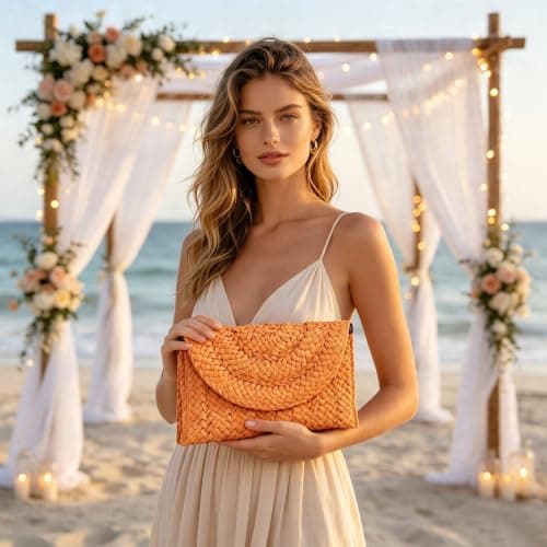 Paxory Straw Beach Clutch Bag for Women, Summer Boho Handmade Woven Beach Handbag, Casual Straw Clutch Bags for Summer Sandybeach Travel Holiday Vacation (Orange) — view 3