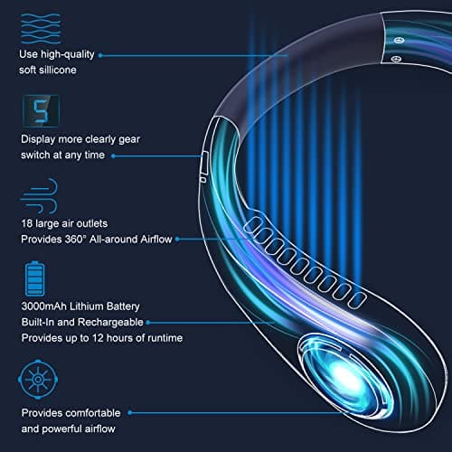 Neck Fan, Portable Neck Fans Rechargeable, 5 Speeds USB Personal Bladeless Fan 3000mAh Battery, Wearable Hands-Free Cooling Fan for Men & Women, Leafless Hanging Mini Fans for Outdoor Travel (Blue+) — view 2