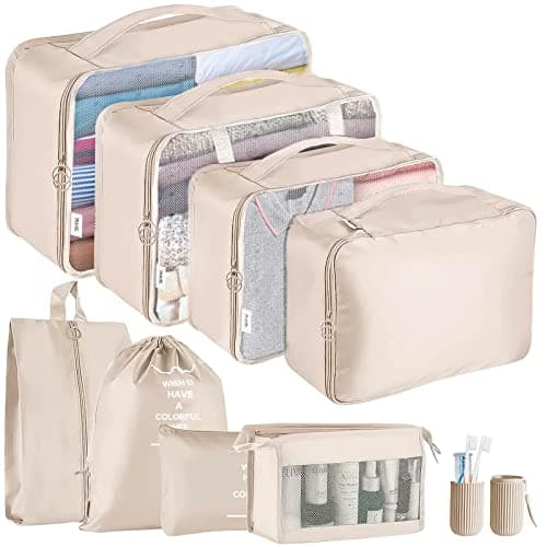 Jsdoin Packing Cubes for Suitcase,9 PCS Travel Luggage Packing Cubes for Backpack, Waterproof Essentials Suitcase Organiser Bags, Travel Accessories (Beige)