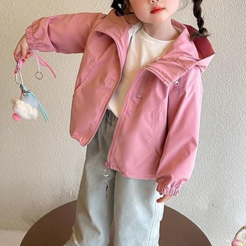 Girls Waterproof Jacket Kids Lightweight Windproof Jackets Hooded Summer Zip up School Raincoat Packable Softshell Breathable Hiking Outdoor Casual Rain Poncho Windbreaker (Pink, 140.00) — view 3