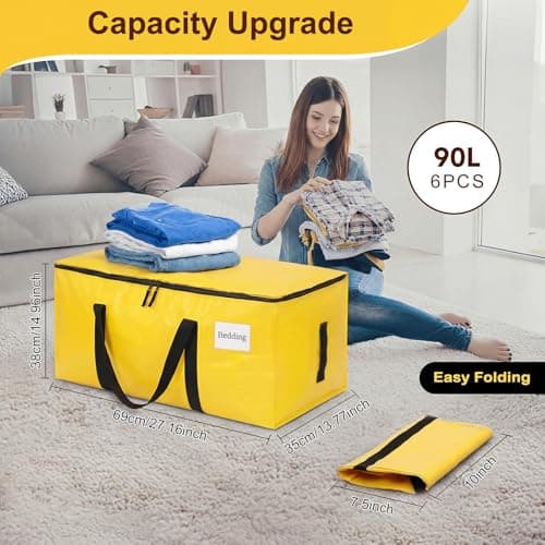 6 Pack 90L Moving Bags, Heavy Duty Storage Bags Dorm Moving Boxes, Yellow — view 2