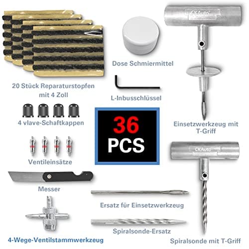 CKAuto Universal tyre Repair Kit, Heavy Duty Car Emergency Tool Kit for Flat Tyre Puncture Repair, 36 Pcs Value Pack, Tyre Plug Kit fit for Autos, Cars, Motorcycles, Trucks, RVs, etc. — view 2