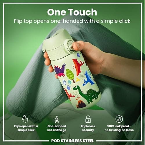 Ion8 Kids Water Bottle, Steel 400 ml/13 oz, Leak Proof, Easy to Open, Secure Lock, Dishwasher Safe, Flip Cover, Carry Handle, Easy Clean, Durable, Metal Water Bottle, Raised Print, Dinosaurs — view 3