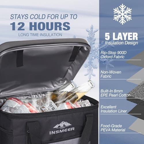 INSMEER Large Cool Bag 40 L, 60 Cans Cool Bag Foldable with Hard EVA Top for Drinks, Waterproof Cooler Bag Medium, Cool Box, Insulated Bag, Thermal Picnic Bag for 4 Camping, Beach, Travel — view 4