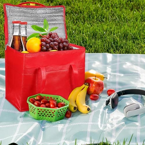 HOMSFOU 4pcs Large Insulated Grocery Bags Set Jumbo Thermal Tote Cooler Bags with Zippered Top Foldable Non-woven Fabric Lunch for Food and Travel 41x23x33cm Red — view 2