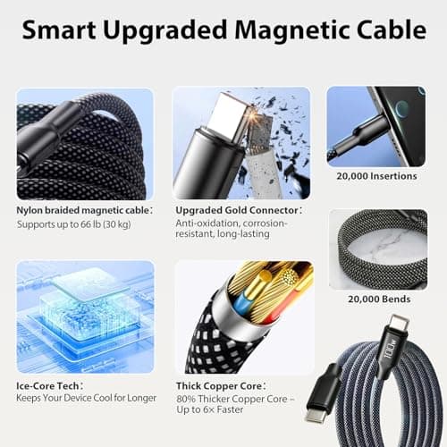 100W Magnetic USB C Cable, Elastic Retractable Coiled USB-C to USB-C Leads — view 6