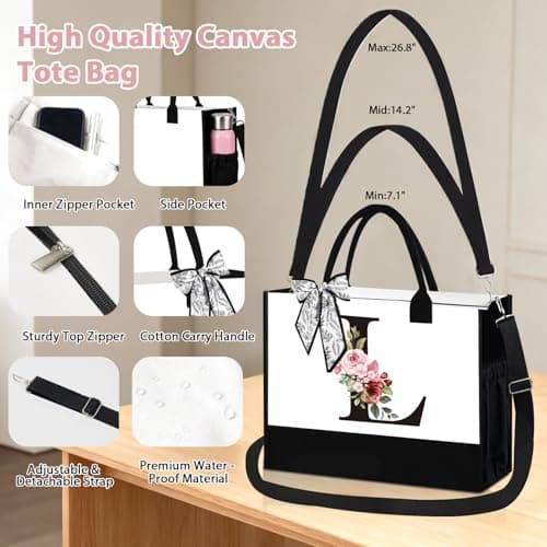 Birthday Gifts for Women - Initial Canvas Tote Bag & Makeup Bag, Personalized Gifts for Women,Personalized Present Bag,Custom Bags for Beach,Wedding,Birthday Gift for Mom Sister Friends (L) — view 3