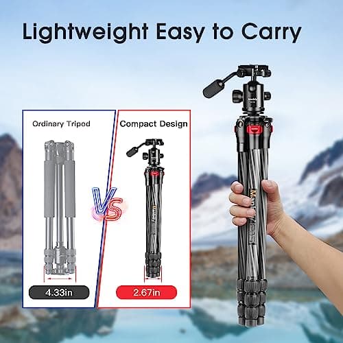 Carbon Fiber Camera Tripod Manbily 63" Lightweight Tripods with Detachable Handle Monopod for Travel with 360° Ball Head 36mm, Portable Compact for DSLR Cameras Camcorders Video Phone Canon Nikon Sony — view 5