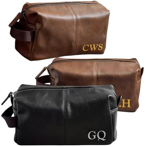 Just Giftz Personalised Men's Wash Bag, PU Leather, Strap, Custom Initials