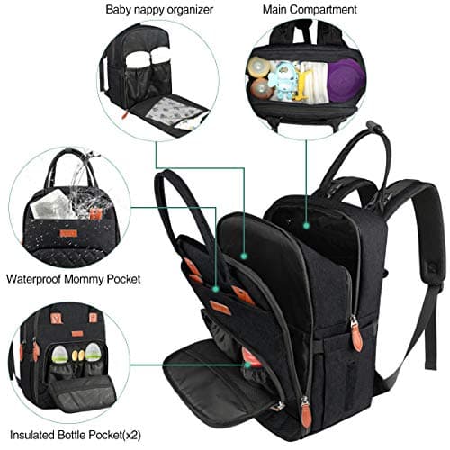 NUBILY Baby Changing Backpack Rucksack Changing Bag with Insulated Pockets Water Resistant Large Nappy Bag Diaper Back Pack for Dad and Mom Black — view 2