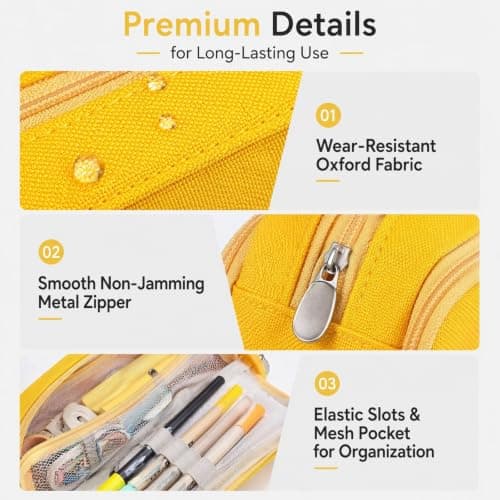 Large Capacity Pencil Case 3 Compartment Pouch Pen Bag for School, Yellow — view 6