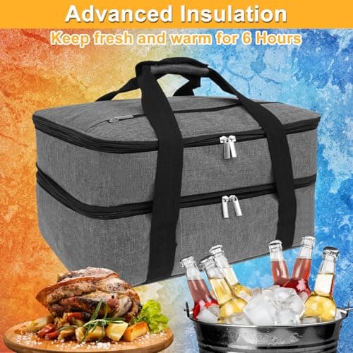 Foppla Insulated Double Casserole Carrier Expandable Thermal Tote Bag Lightweight Thermal Tote with Handles Leakproof Snack Tote Bag Wide Opening Thermal Food Carrier for Work Travels Outdoor(Grey) — view 6