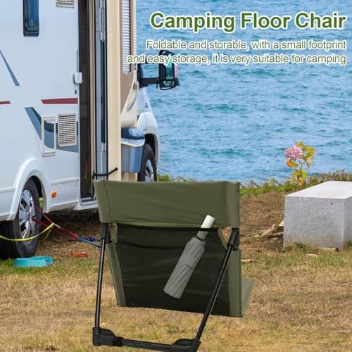 Camping Floor Chair Oxford Fabric Folding Beach Sit Mat with Back Support, Lightweight Travel Lounge Chair with Net Pocket on the Back & Storage Bag for Fishing Hiking Beach (green(With mesh bag)) — view 4