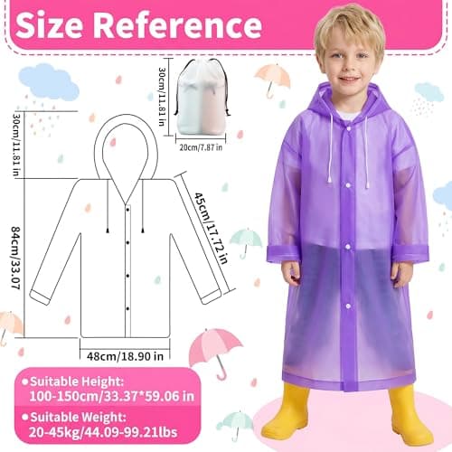 Domueay Rain Poncho Kids 2 Pack Waterproof Reusable EVA Rain Coat with Hood for Boys Lightweight Foldable Raincoat Breathable Unisex Rain Jacket for Outdoor Camping Travel, Pink and Purple — view 2