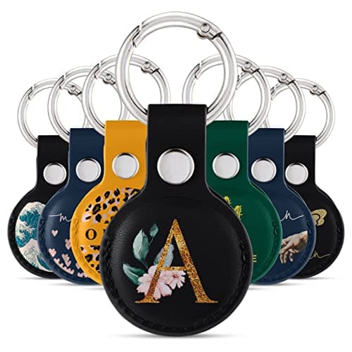 Tirita Personalised Case Keyring Holder Compatible with Apple AirTag 1 & 2 - Leather Case with Key Ring for Apple Air Tag [08- Gold Monogram Roses on Black]