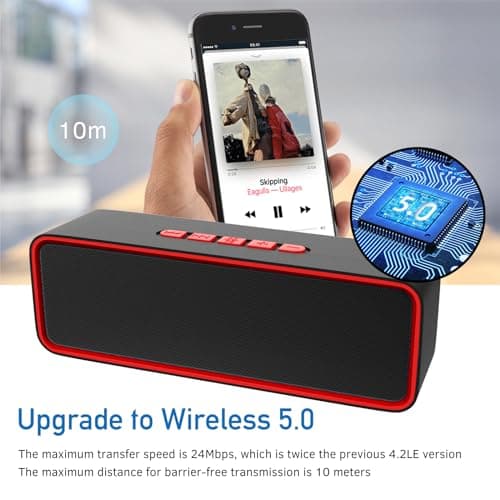 Sonkir Portable Wireless Speaker, Wireless 5.0 Mini Speaker with 3D Stereo Hi-Fi Bass, Built-in 1500 mAh Battery, Support TF Card and AUX (Red) — view 4
