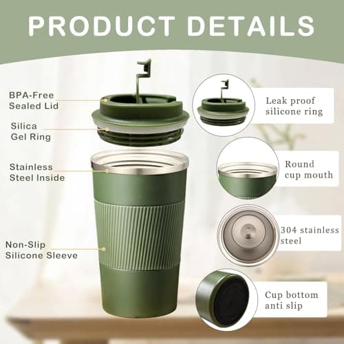Senshuomy Travel Mug, Insulated Coffee Cup with Leakproof Lid, Reusable Coffee Cups Travel Cup, Stainless Steel thermaol Mug for Hot Cold Drinks (Green 380ml) — view 2