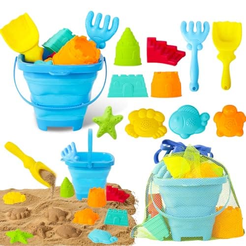 Beach Sand Toys for Kids,12 PCS Collapsible Beach Toys Set and Spade Set with Mesh Bag,Castle&Aninal Moulds ,Travel Beach Essentials for Children,Gardening Beach Outdoor Toys for Boys Girls (Blue)
