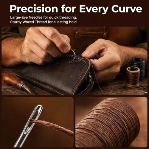 3 Pcs Heavy Duty Nylon Thread and Needle Kit, Strong Sewing Thread with 7 Large Eyes and Hand-Sewn Stitches for DIY Leather Hand Stitching, Canvas Repair, Upholstery, Carpet, Luggage, Outdoor Awnings — view 4