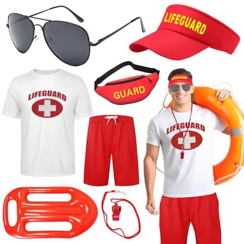 7 Pcs Life Guard Costume Set Guard Accessories Kit Include T-shirt Shorts Hat Fanny Pack Whistle Inflatable Float Prop Sunglasses Life Guard Fancy Dress for Men Women Halloween Cosplay Dress Up Party