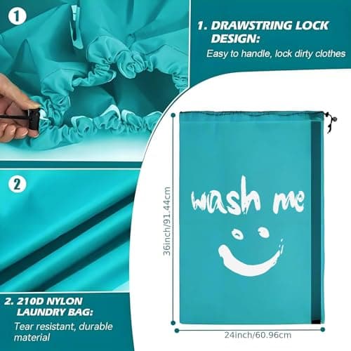 2 Pack Large Laundry Bags,24"" x 36"" Portable Travel Laundry Bag with Drawstring Cord,Travels Laundry Bags for Dirty Clothes, Ideal for Travel, Home, Dormitory (Smile(Cyan + Pink)) — view 3